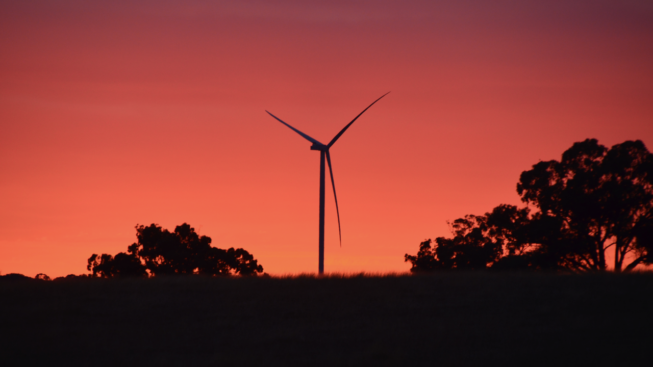 The silhouette of a 6-MW workhorse wind turbine in Australia