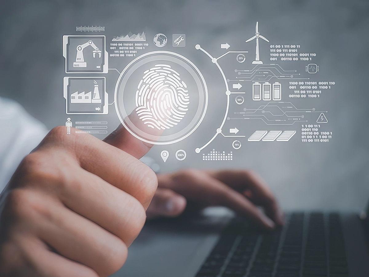 Digital fingerprint graphic showing GE Vernova and Dragos protecting electric grids